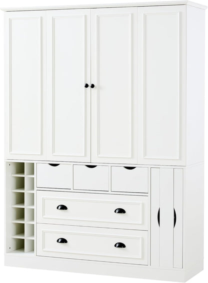 Farmhouse Kitchen Pantry, Sideboard with Power Outlet, Shelves, White | Spacious 53.2"L x 17.7"W x 71"H floor cabinet with 4 foldable doors, built-in power outlet, wine racks, and serving trays