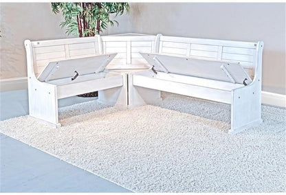 Pemberly Row 75" x 56" Farmhouse Wood Breakfast Nook Set with Table, Storage, Reversable Benche, L-Shaped Corner Bench, for Dining Room, in Marble White Finish