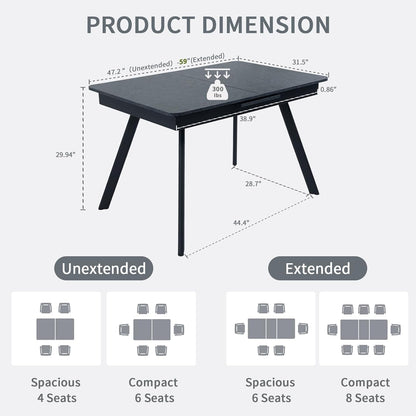 Extendable Dining Table 47-59 Inch - Space-Saving Slide-Out Design, Black Lava MDF Top for 4-8 People, Perfect for Dining Room, Apartment & Home Office