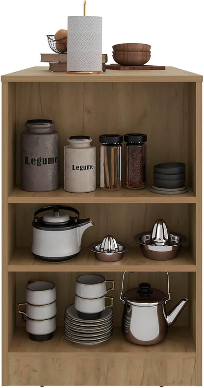 Kitchen Island with Dining Surface and Storage Shelves | Three side shelves for kitchen storage and meal prep convenience
