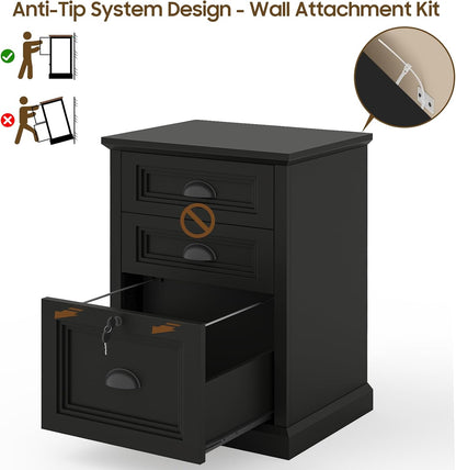 Halitaa Vertical File Cabinet, Filing Cabinet with 3 File Drawers & Lock, Farmhouse Small File Cabinet Fits Letter/A4 Size, Wooden Printer Stand, Home Office Cabinet, Black