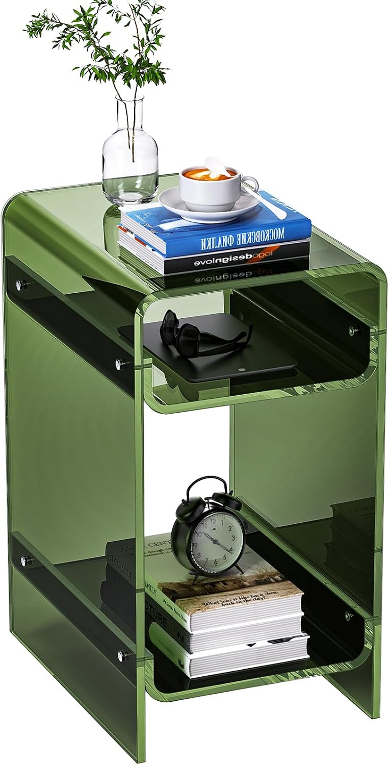 Clear Acrylic Side Table, Narrow Nightstand Bedside Table for Bedroom, Skinny Small End Table (Green Wide, 11.8'' x 15.7'' x 21.7")