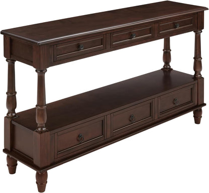 Vintage Solid Wood Console Table with 6 Drawers - 54" Hallway Sofa Table with Bottom Shelf for Entrance, Living Room & Foyer, Espresso