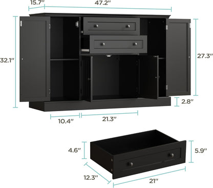 Farmhouse 47" Buffet Cabinet with Storage,Large Sideboard Buffet with Drawers and Adjustable Shelves, Rusitc Coffee Bar Cabinet for Kitchen, Black