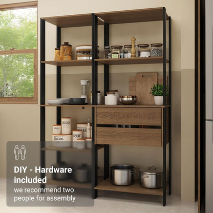 Madesa Kitchen Pantry Storage Rack with 2 Drawers and Open Shelves 51" L Multiuse Modular Cabinet for Kitchen Organization - Black/Brown
