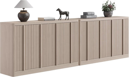 Fluted Buffet Cabinet with Storage, 120" Sideboard Buffet Storage Cabinet with 8 Doors & Solid Wood Handle, Coffee Bar Wood Credenza Cabinet for Kitchen, Living Room, Hallway, White Alder(2PCS)