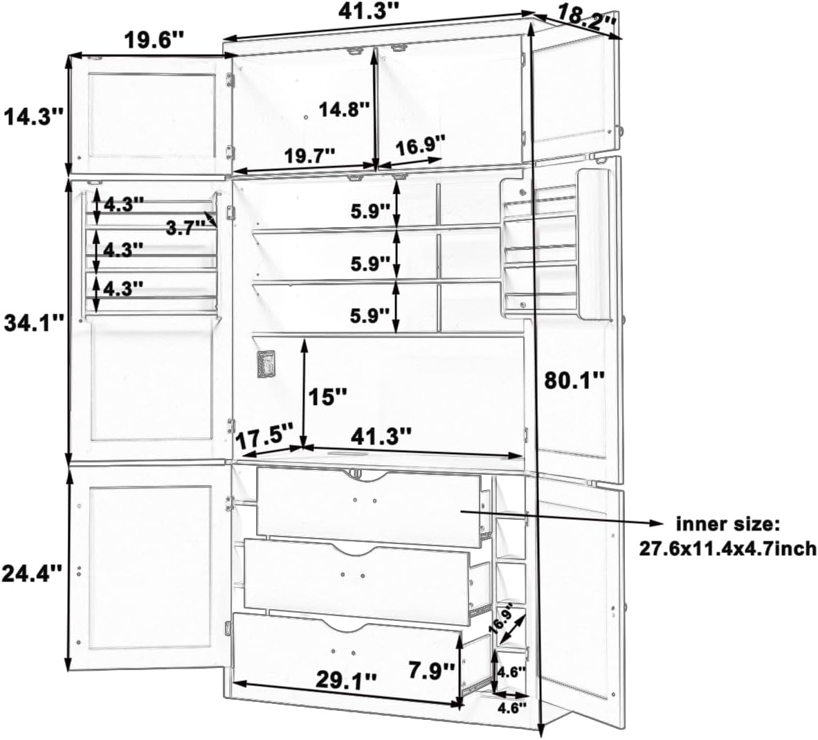 Large Kitchen Pantry Storage Cabinet, Freestanding Cupboard with 2 Power Outlets, Adjustable Shelves and Door Shelves, Tall Storage Cabinet for Kitchen, Dinning Room, Living Room (Grey)