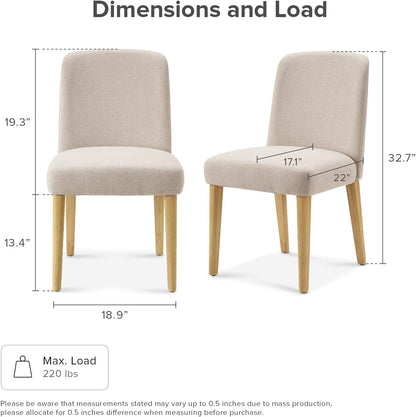 mopio Logan Upholstered Beige Parson Dining Chair Set of 4, Modern Farmhouse Solid Light Oak Wood with Ergonomic Curved Back Rest for Dining Room and Kitchen