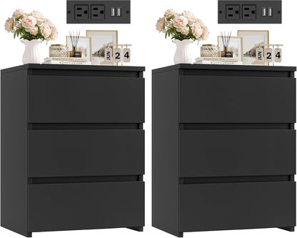 FOTOSOK Nightstands Set of 2, Black Nightstand with Charging Station