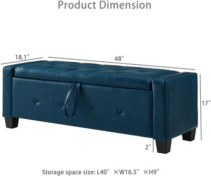 Storage, Bench for Bedroom,Living Room,Hallway, Upholstered Tufted Faux Leather Ottoman Blue