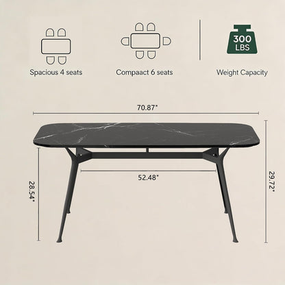 Dining Table for 4-6，70.87" Glossy Sintered Stone Top Dining Table with Carbon Steel Pedestal, Modern Dining Room Table for Kitchen, Living Room (Black, Table Only)