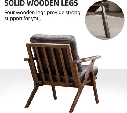 INZOY Mid-Century Modern Accent Chair with Wood Frame Set of 2, PU Leather Living Room Chair and Soft Thick Padded Armchair for Living Room Bedroom Reception with Removable Upholstered Cushions, Brown