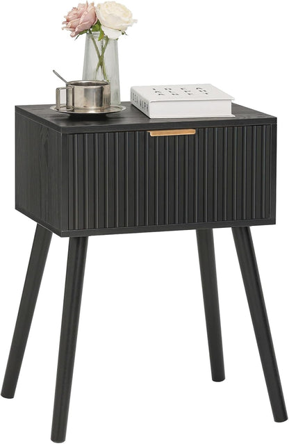 AWASEN Black Nightstand, Small End Tables Living Room, Accent Bedside Table with Fluted Drawer for Bedroom and Small Space, Black