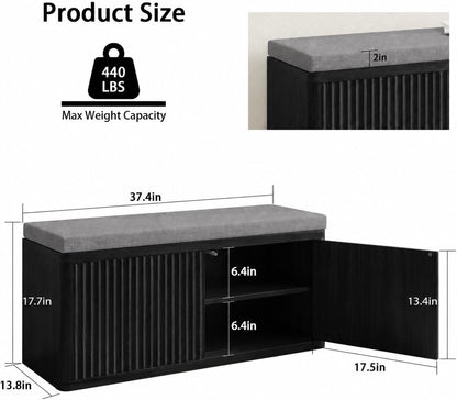 Entryway Shoe Storage Bench with 2" Cushion, 37.4" Small Bench with Shoe Rack, Cabinet Organizer for Hallway, Bedroom End of Bed (Black)