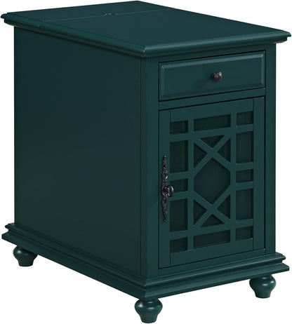 Martin Svensson Home Elegant Chairside End Table with Power — 24″W x 16″D x 25″H, Seamoss Green — Transitional Painted Accent Table with Flip-Top USB Charging, Drawer & Cabinet Storage