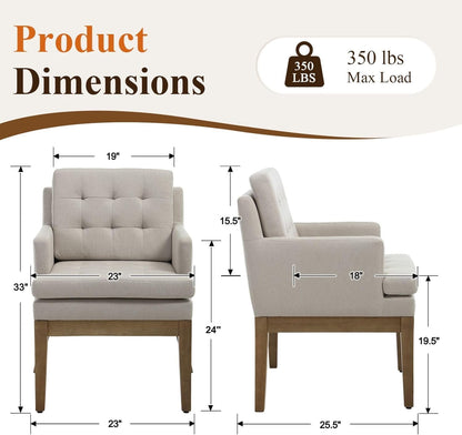 Linen Fabric Dining Chairs Set of 2, Upholstered Tufted Kitchen Room Chairs with Arms, Cozy Farmhouse Solid Wood Accent Side Chair for Dining/Living Room, Removable Cushion, Light Grey