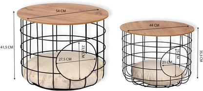 2-Piece Nesting Side Table Set with Cushions Scandinavian Style Round MDF and Metal Frame Modern Living Room Furniture Coffee Table for Pets 21.3 in Diameter - Pine-Black-White Cushion