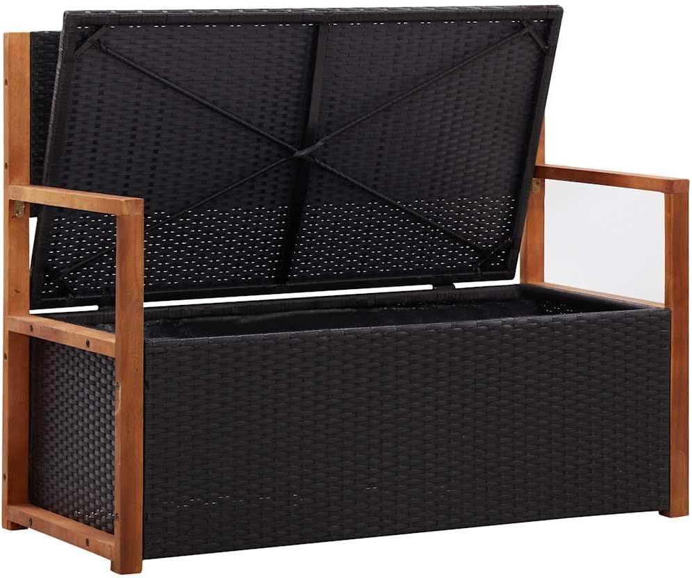 Poly Rattan Patio Storage Bench with Solid Acacia Wood Armrests and Backrest, Large Outdoor Storage Bench with Removable Seat Cushion