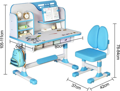 Kids Desk and Chair Set | Adjustable Study Table with Bookshelf & Drawer, Astronaut Theme for Boys and Girls, Ages 3-18 (Pink/Blue) (Blue)