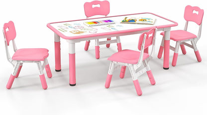 KOTEK Kids Table and Chairs Set of 4, Height Adjustable Children Activity Table & Play Table with Graffiti Desktop, Toddler Table and Chair Set for Daycare, Playroom, Home, Preschool (Pink)