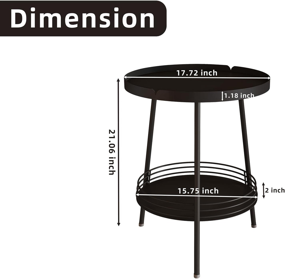 Benkyo 2 Tier Black Metal Round Side Table Tiered Two Shelf Storage Coffee Sofa End Table for Living Room and Bedroom,Black
