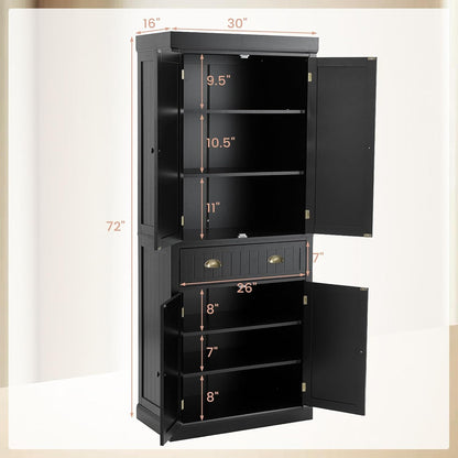 72" Kitchen Pantry Cabinet, Kitchen Cupboard with 2 Double-Doors Cabinet, Large Drawer, 4 Adjustable Shelves, Traditional Tall Storage Cabinets for Dining Room, Bathroom. Black