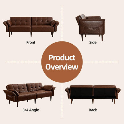 HALLYBEE 85" Futon Faux Leather Couch with Adjustable Armrests Red Brown | Futon Sofa Bed, Sleeper Sofa, Small Couch with Pillows, Side Pockets, Mid Century Modern, Living Room, Bedroom, Apartment