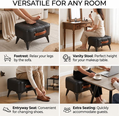 Vintage Style Faux Leather Ottoman Footstool - Wooden Frame, Upholstered Interior, Multi-Use Footrest for Living Room, Entryway, Office (Black)