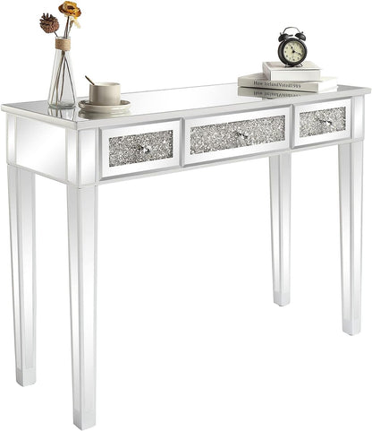 VINGLI Silver Mirrored Vanity Desk, Makeup Vanity Desk, Glass Desk with 3 Drawers, Glass Vanity for Women Girls Bedroom, Makeup Room & Office Writing Desk