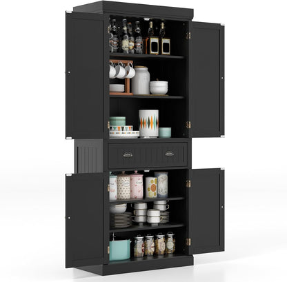 Giantex Pantry Organizers and Storage, 72" Tall Kitchen Cabinet with 2-Door Cabinets & Drawer, Buffet Sideboard w/Adjustable Shelves, Wooden Freestanding Cupboard for Dining Room Living Room (Black)