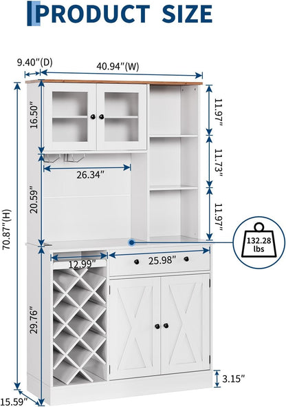 71" Kitchen Pantry Cabinet with Wine Bottle Rack and Charging Station Tall Pantry Storage Cabinet with Adjustable Shelves and Door Shelves Modern Kitchen Hutch with Microwave Stand and Countertop