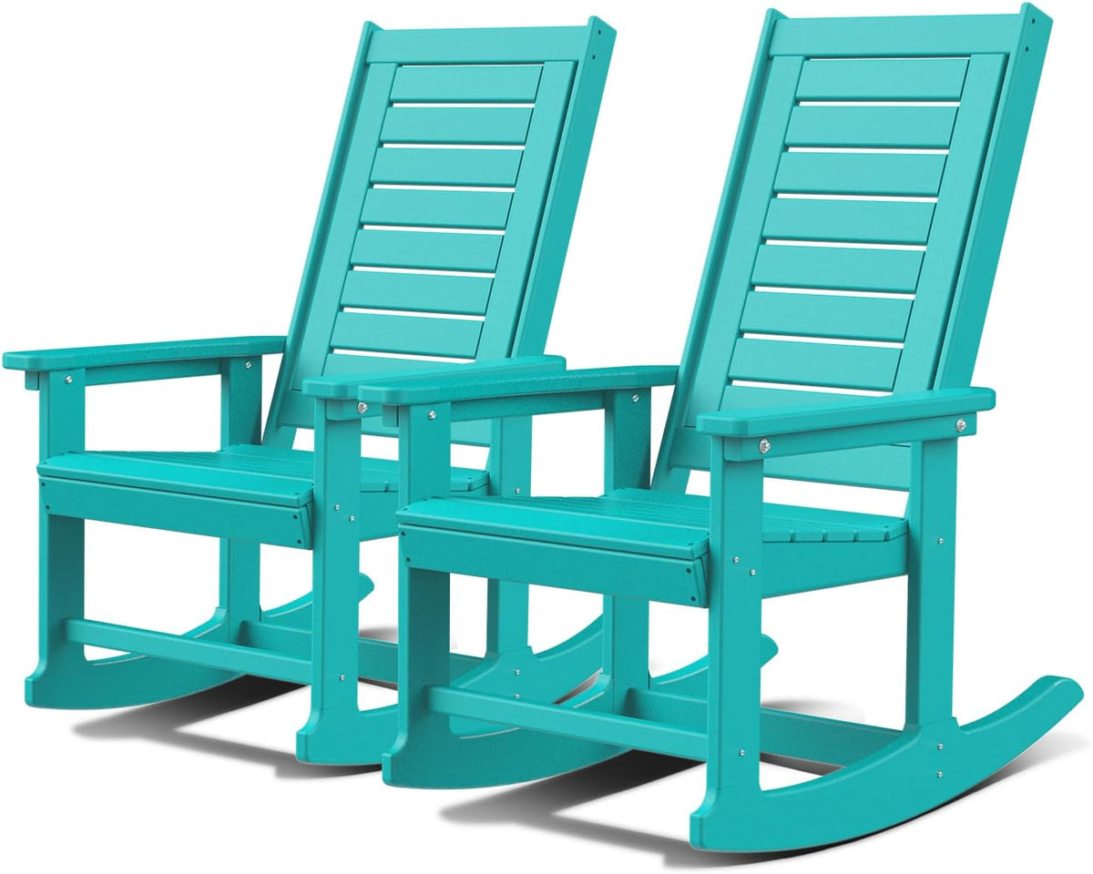 GREENVINES Outdoor Rocking Chairs | Set of 2 | Porch Rocker | HDPE Plastic | Aqua | Oversized Rockers | High Back | Big & Tall | Ladder Back | for Patio Outside Backyard Balcony Garden