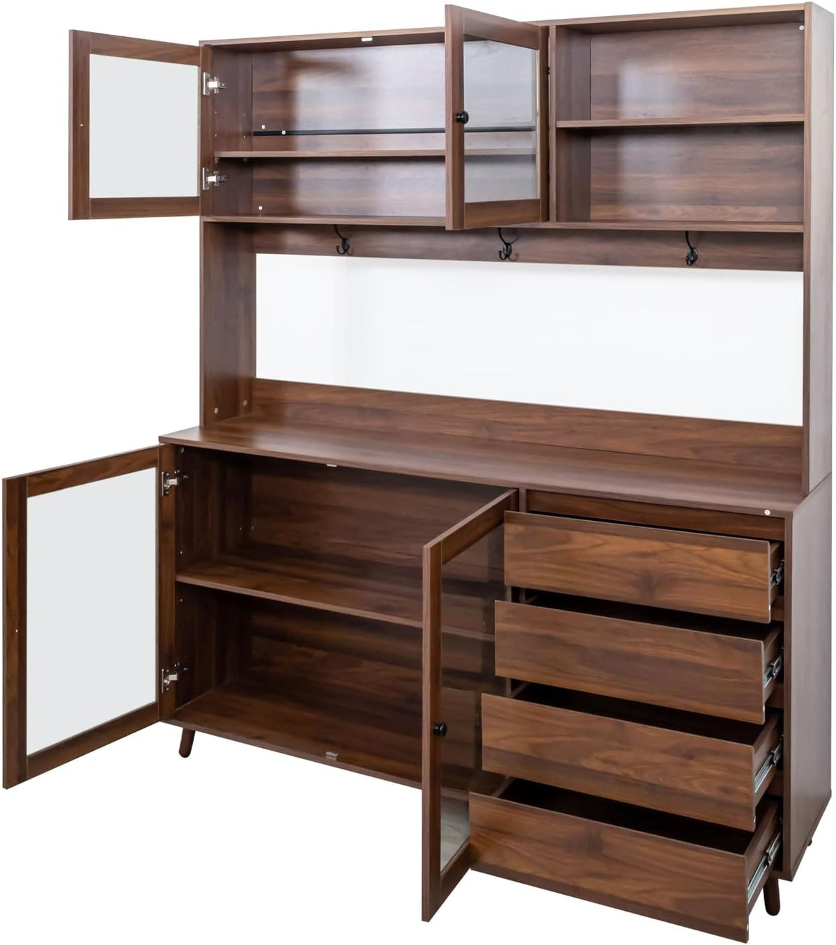 Spacious 63" Kitchen Pantry Cabinet, Freestanding Hutch with 4 Doors & 4 Drawers, Large Storage Cupboard with Microwave Shelf for Kitchen and Dining Room (Walnut)