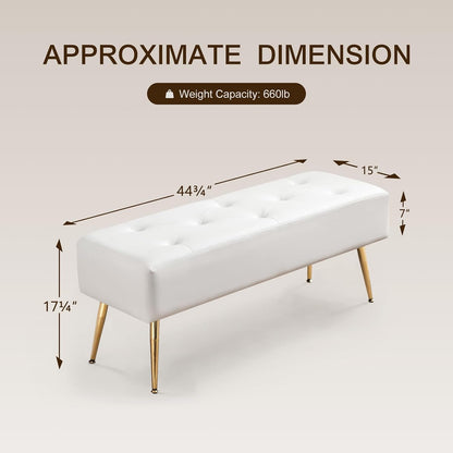 Furnimart Upholstered Tufted White Bench Ottoman with Padded Seat, Footrest Foot Stool with Sturdy Metal Leg, White Leather Bench for Bedroom Living Room Entryway