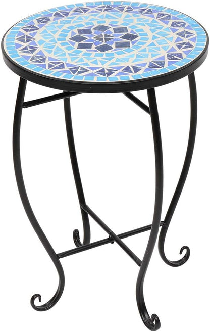 Ochine Mosaic Side Table, 14 Inch Round Side Ceramic Tile Top Indoor and Outdoor Accent Table, Round End Tables Coffee Tea Tables Nightstand for Living Room, Bedroom, Indoor Outdoor Use (Blue)