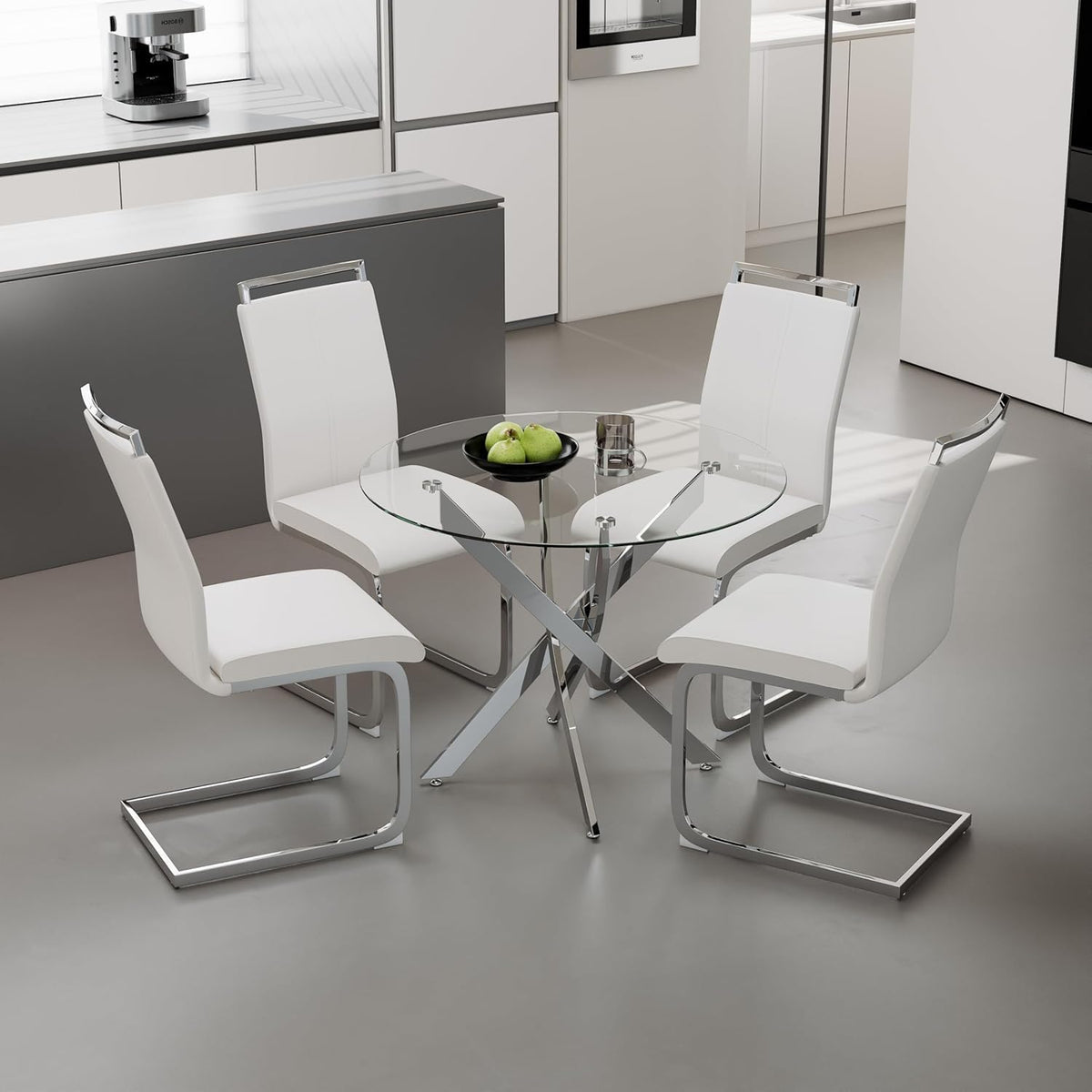 5 Piece Glass Dining Table Set for 4, Modern Tempered Glass Top Kitchen Table and Chairs Set, 4 Upholstered Chairs and Faux Leather Cushions, Space-Saving Small Apartment Dining Kitchen Set