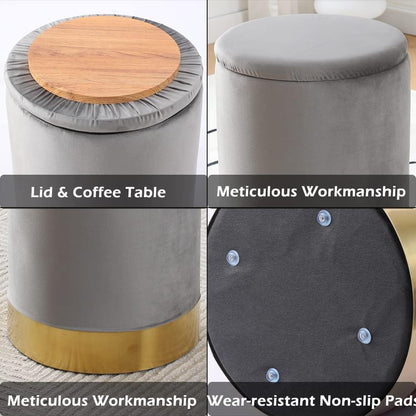 Round Ottoman Set of 2,Upholstered Footrest Stool Support 300lbs,Modern Padded Seat Foot Stool Coffee Table,Vanity Stool with Storage and Metal Legs for Living Room (Grey Velvet)