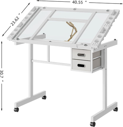 Rolling Drafting Table on Wheels, Painting Table Art Craft Desk Crafting Table with Tilting Transparent Tempered Glass Top, 2 Fabric Storage Drawers and 4 Wheels (White)