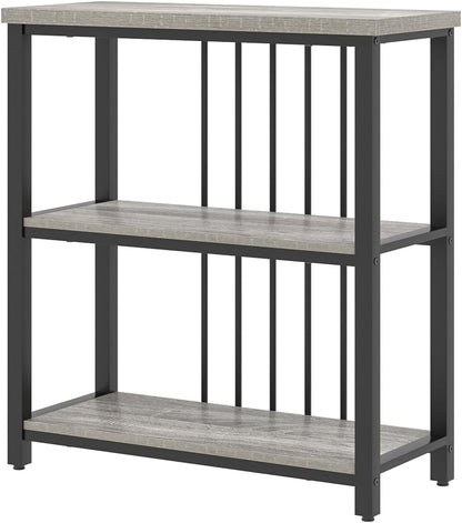 FOLUBAN 3 Tier Bookshelf, Short Bookcase for Small Space, Modern Wooden and Metal Book Shelf for Living Room Bedroom Office (Light Grey Oak)