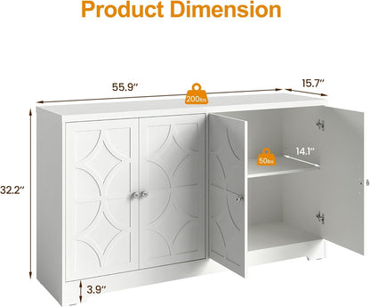 RoyalCraft Sideboard Buffet Cabinet with Storage, 56" Modern Sideboard with 4 Carved Doors, Large Wood Coffee Bar Console Table for Kitchen, Dining Room, Entryway, Living Room, Satin White