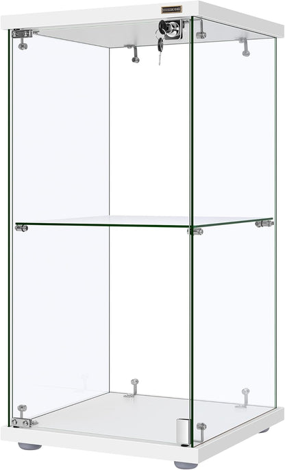 VIVOHOME 2 Layers 15.7''W x 15.7''D x 31.9''H Glass Display Cabinet Showcase Countertop with Lock, Tempered Glass 25mm MDF Base