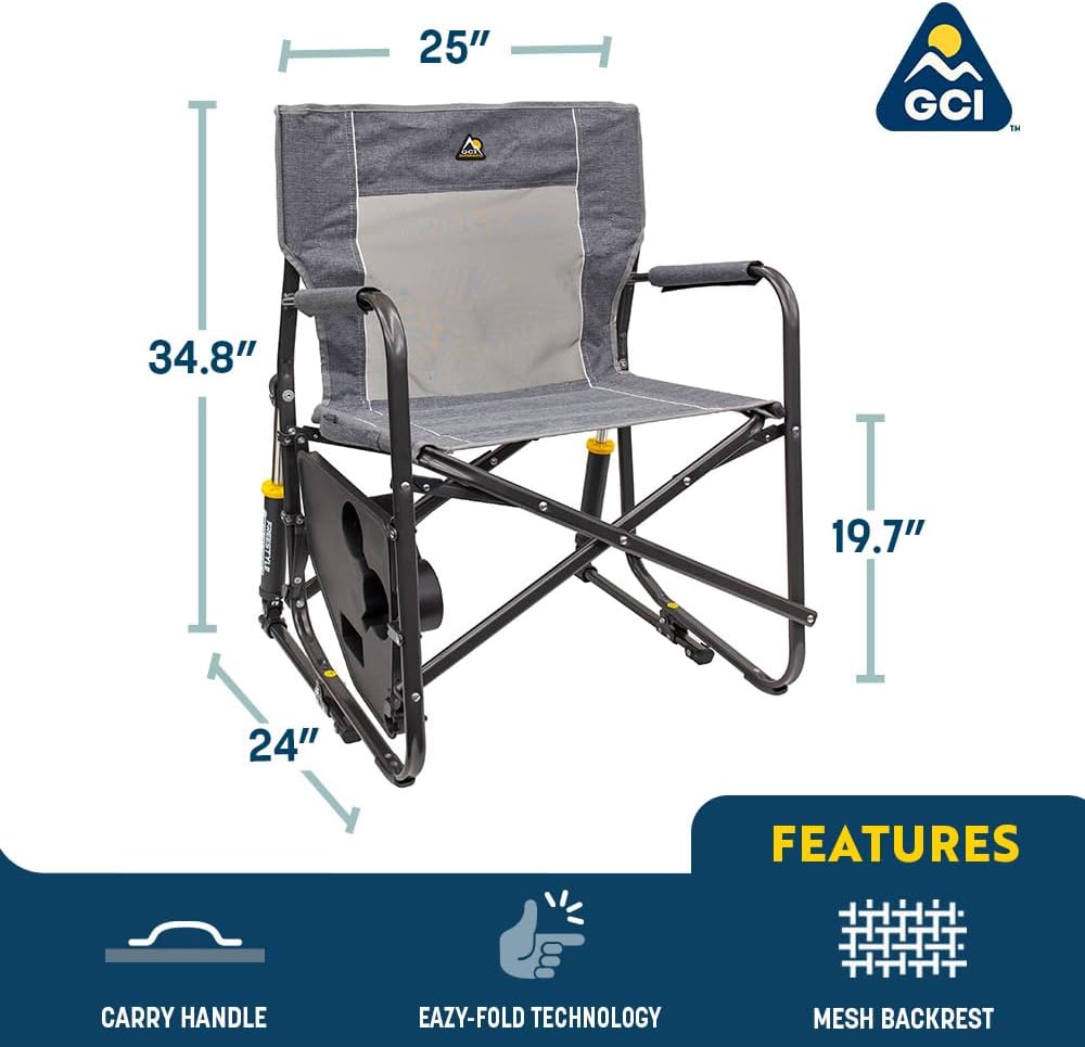GCI OUTDOOR Freestyle Rocker with Side Table Camping Chair | Portable Folding Rocking Chair with Solid, Durable Armrests, Drink Holder & Comfortable Backrest — Heathered Indigo