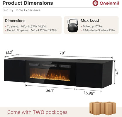 oneinmil 70" Floating TV Stand with 36" Electric Fireplace, Wall Mounted Fireplace Entertainment Center with Storage, Fire Place TV Console for Living Room, All Black