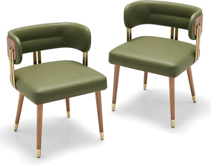 ARTPLAN Walnut Leather Dining Chairs Set of 2 - Modern Kitchen Chairs with High-Resilience Foam Cushion and Stainless Steel Frame for Dining Room, Easy Assembly,Advocado Green
