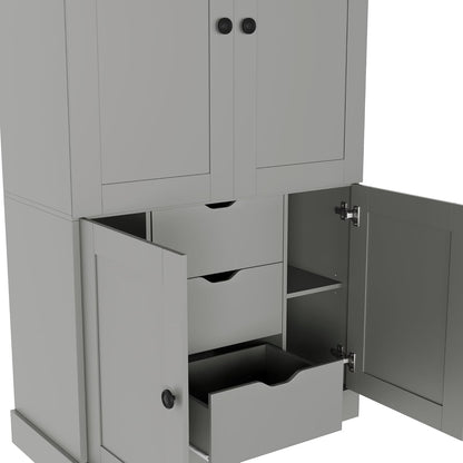 Virubi 42.3x20.0x70.9 inch Freestanding Kitchen Pantry Cabinet, Tall Storage Workstation with 4 Doors, 3 Drawers, 6 Door Shelves, Removable Shelves & 6 Wine Racks for Dining (Grey)
