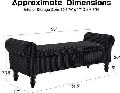 55" Storage Ottoman Bench, Corduroy End of Bed Bench for Bedroom, Black | Upholstered Entryway Bench with Seating, Solid Wood Legs, Rolled Arm, for Bedroom Living Room Window Hallway, up to 285 lbs