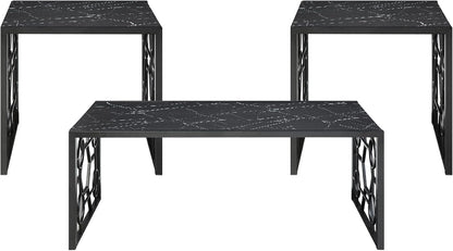 3-Piece Occasional Table Set with Marble-Print Glass Top | Includes 1 cocktail table and 2 end tables with fluted glass top