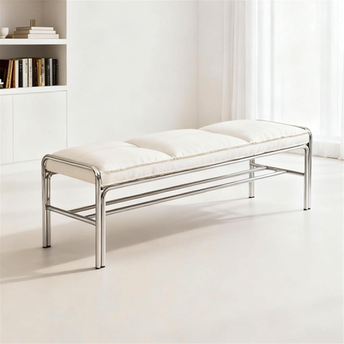 Modern Stainless Steel Long Bench with White Leather Cushion Home-use Soft-Padded Shoe Changing Stool Entryway(Medium)