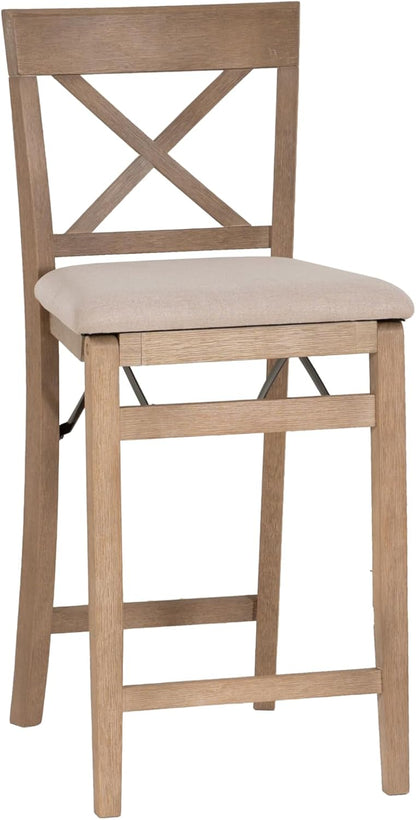Linon Triena X Back Neutral Greywash Wooden Fully Assembled Folding 24 Inch Seat Height Counter Stool with Beige Upholstered Seat