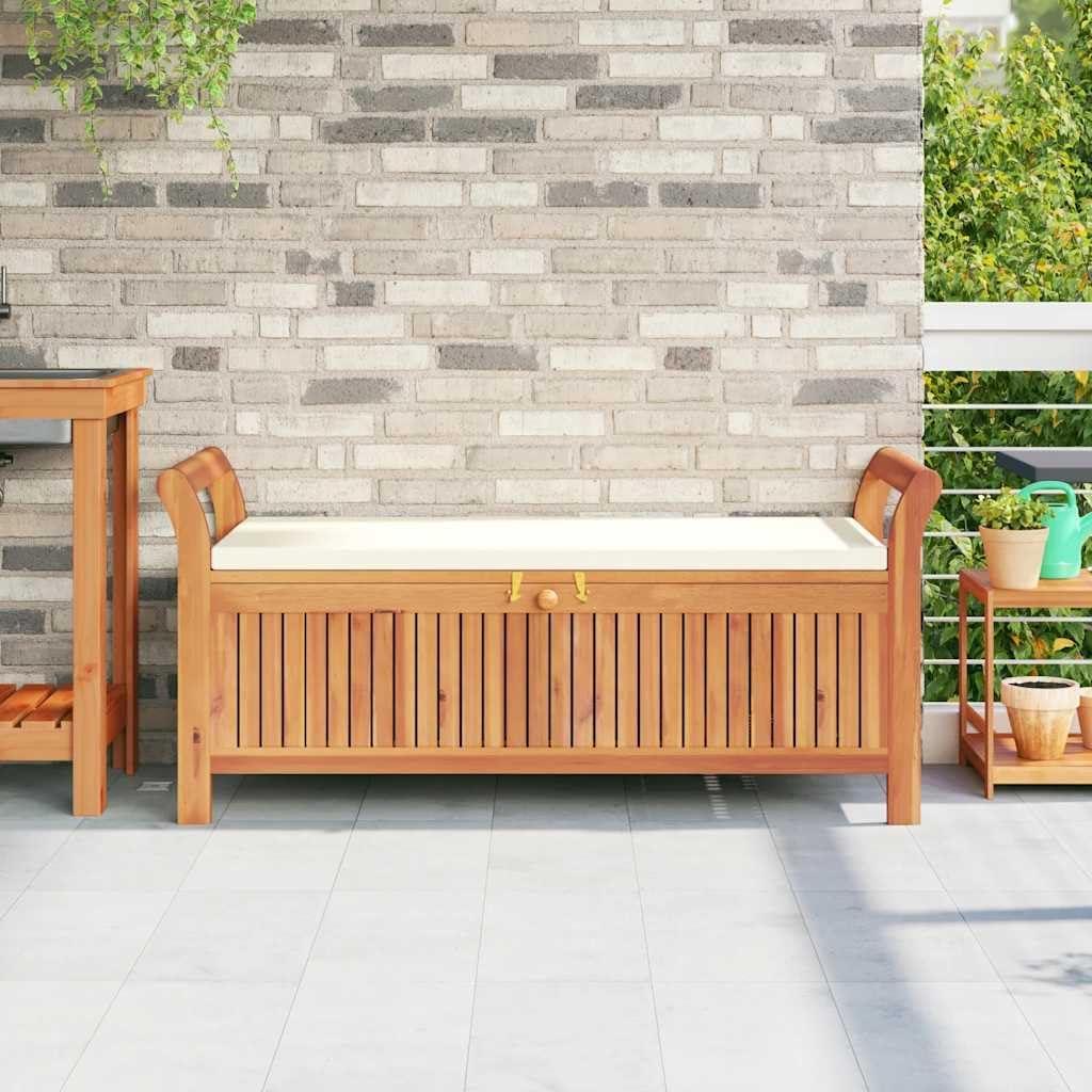 Wooden Garden Storage Bench 49.6" Solid Acacia Patio Storage Bench with Cushion, Outdoor with Curved Arms and Extra Seat Cushion